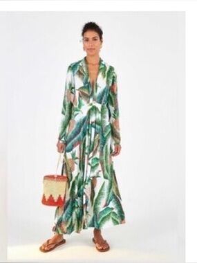 Farm Rio Forest Palm Maxi Dress Tropical Long Sleeve Deep V-Neck Flowy Size S